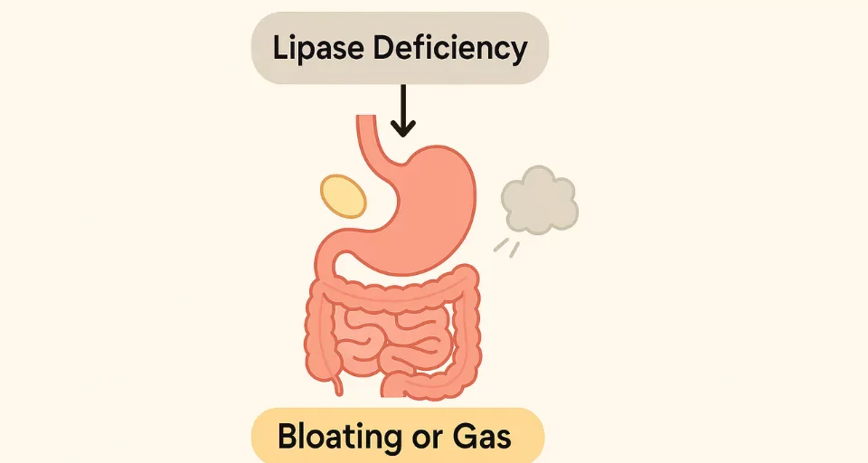 Diagram – Simple labeled flow showing how lipase deficiency leads to bloating or gas.