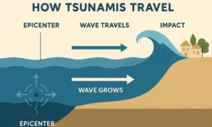 How do tsunamis travel